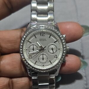 Guess Silver-Tone Crystal Accent Watch